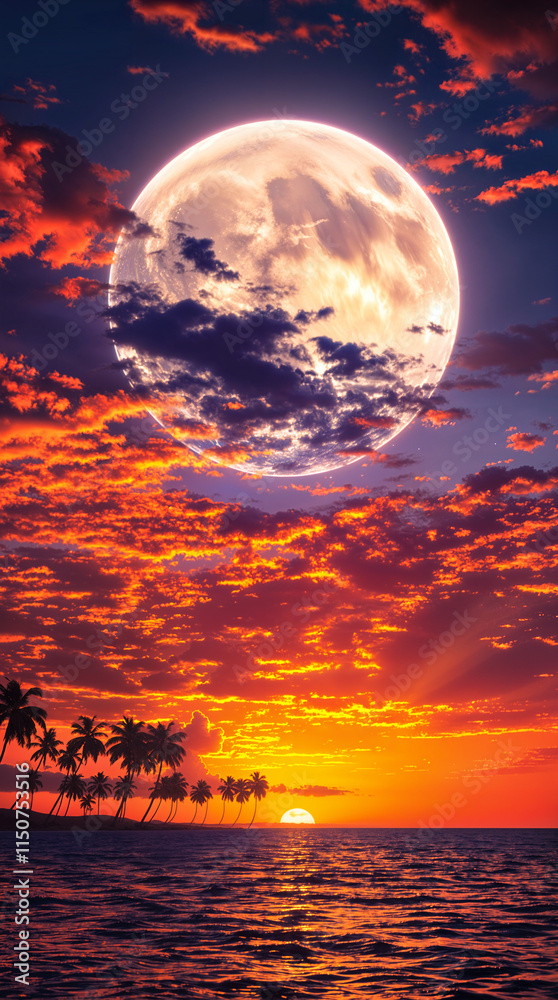 Surreal Tropical Sunset A Glowing Moon, Vibrant Horizons, and Serene Palm Silhouettes Surreal Tropical Sunset A Glowing Moon, Vibrant Horizons, and Serene Palm Silhouettes