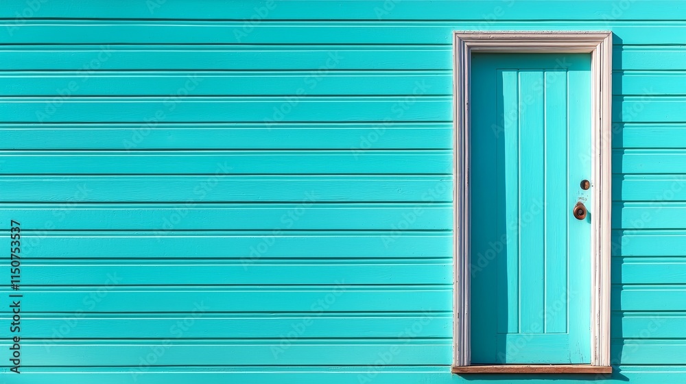 Fototapeta premium Close-up view of a humble schoolhouse with peeling paint and a rustic door, framed by a serene blue sky, exuding quiet resilience
