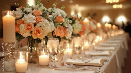Elegant dinner setup with floral centerpiece and candlelight at a cozy restau...