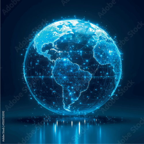 Model of planet Earth 3D view from space with continents. Satellite Internet, space signal. Electricity on planet Earth. Power outage, blackout. Provider, internet signal.