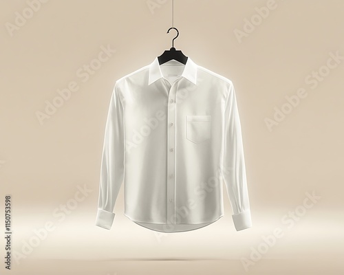 Classic White Shirt Hanging from a Hanger on a Plain Background