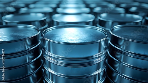 Metallic oil drums with weathered paint, arranged symmetrically in an industrial warehouse, cold lighting emphasizes texture, crude oil barrels, industry photo