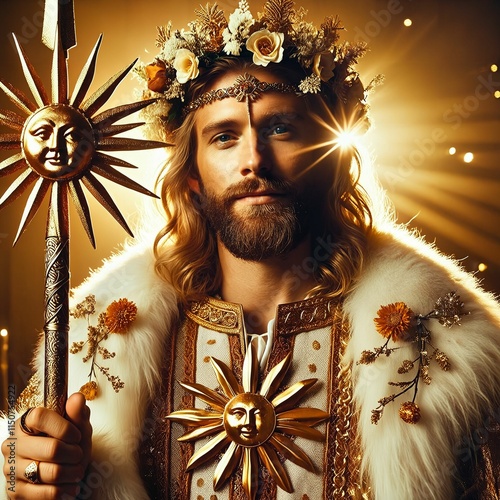 Baldr, the Norse god of light and purity known for his beauty and goodness, celestial glow, radiates warmth and divinity. Golden armor. Golden sword. Flowers. Peaceful aura. Baldur. Generative AI photo