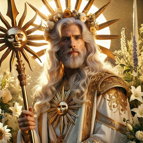 Baldr, the Norse god of light and purity known for his beauty and goodness, celestial glow, radiates warmth and divinity. Golden armor. Golden sword. Flowers. Peaceful aura. Baldur. Generative AI photo