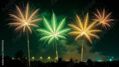 Fireworks in a New Year’s sky form intricate marijuana leaves with smoky green trails, blending festive brilliance and cannabis culture in an elegant night display.