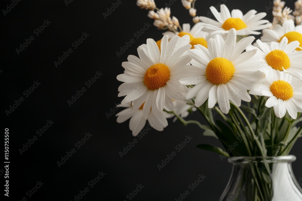 Fototapeta premium Bouquet of daisies with delicate accents against a dark background in a simple glass vase