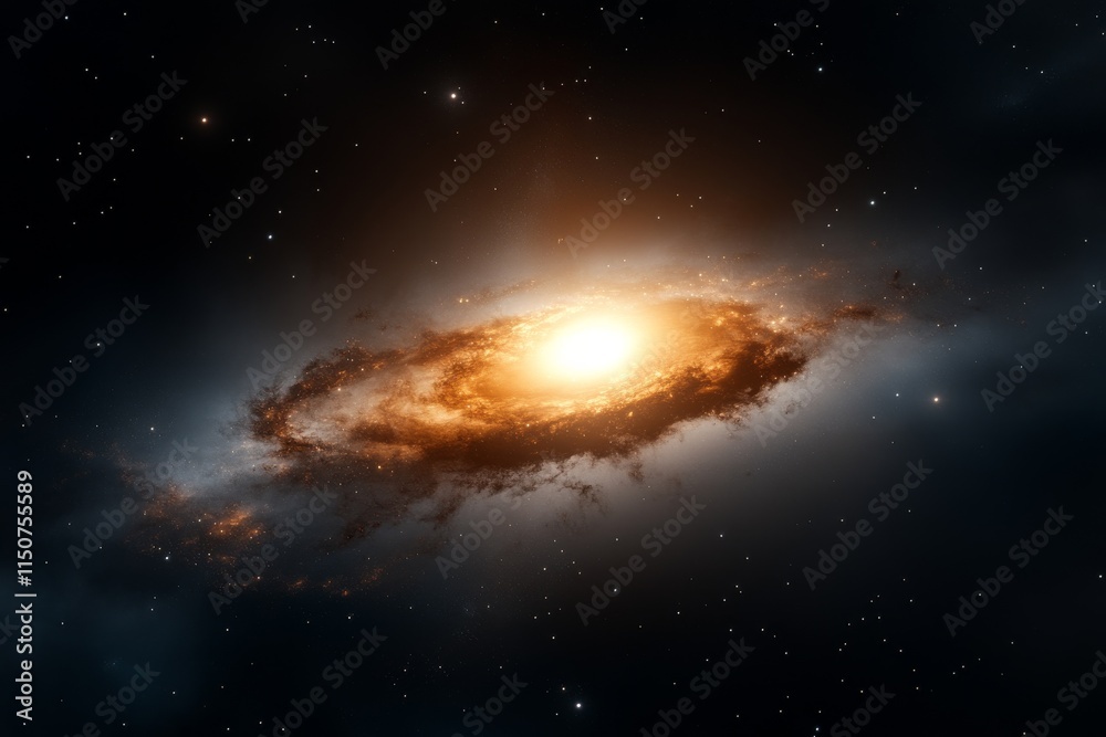Fototapeta premium Bright spiral galaxy shines in the depths of outer space with swirling clouds of gas and dust