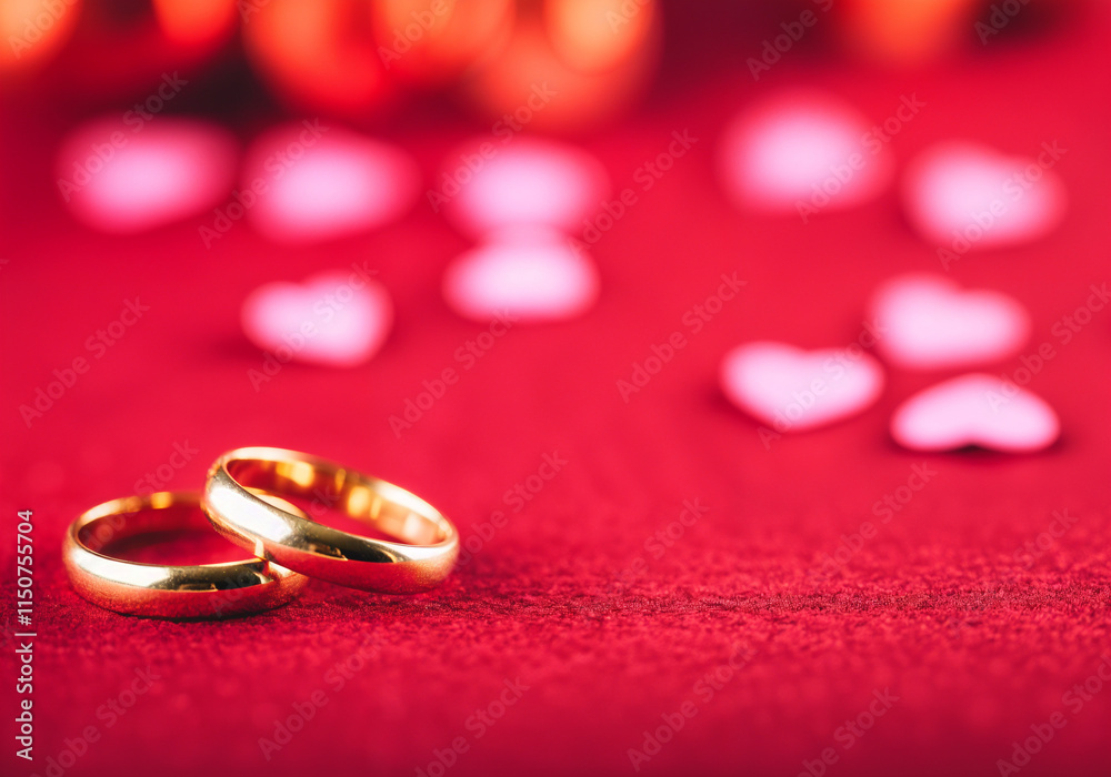 Two golden wedding rings lying on red velvet with pink hearts and bokeh lights symbolizing love and marriage Two golden wedding rings lying on red velvet with pink hearts and bokeh lights symbolizing love and marriage