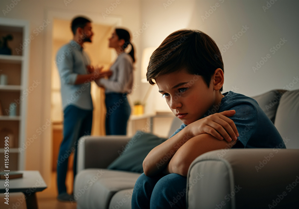 Sad child sitting on sofa with arms crossed while parents arguing in blurred background, family problems concept Sad child sitting on sofa with arms crossed while parents arguing in blurred background, family problems concept