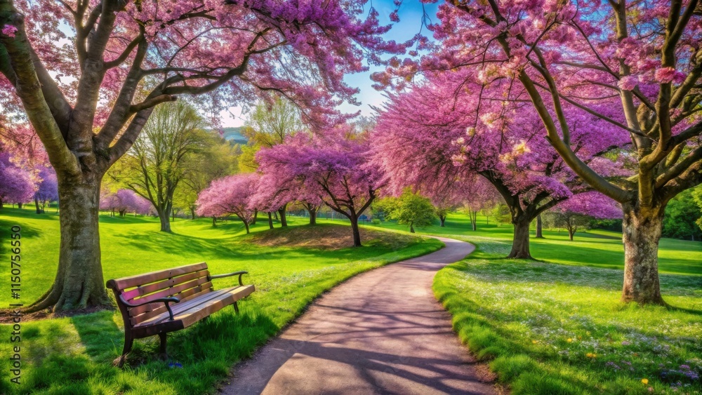 A winding path through a park adorned with vibrant pink cherry blossoms, leading to a wooden bench beneath the shade of a majestic tree. A winding path through a park adorned with vibrant pink cherry blossoms, leading to a wooden bench beneath the shade of a majestic tree.