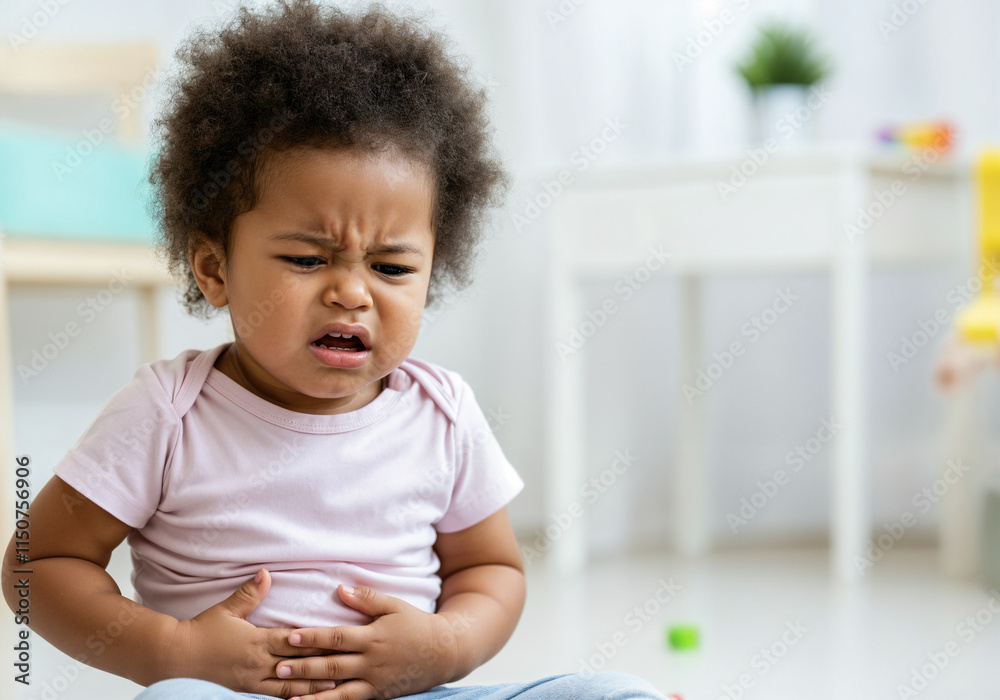 Unhappy african american toddler girl holding her belly suffering from colic, indigestion, abdominal pain, sitting on floor in children's room Unhappy african american toddler girl holding her belly suffering from colic, indigestion, abdominal pain, sitting on floor in children's room