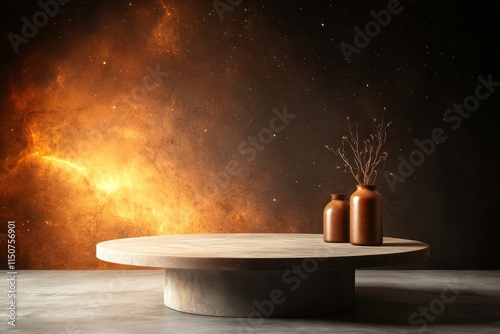 Elegant wooden table with clay vases and dried branches set against a cosmic background photo