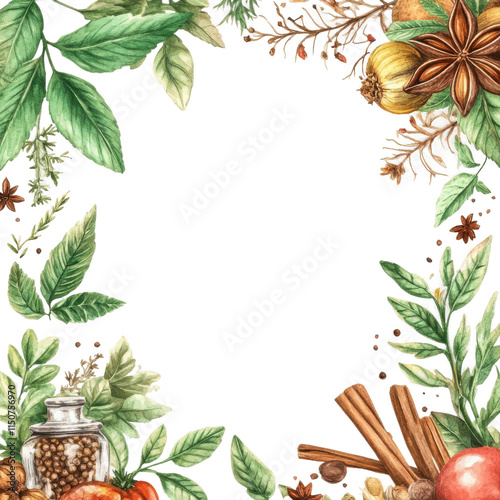 Frame with herbs and spices in watercolor style, highlighting nature��s bounty for culinary or botanical themes. PNG transparent background.