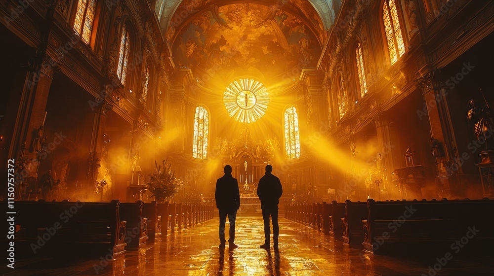 Fototapeta premium Two figures silhouetted in a grand, illuminated church with vibrant light streaming through.