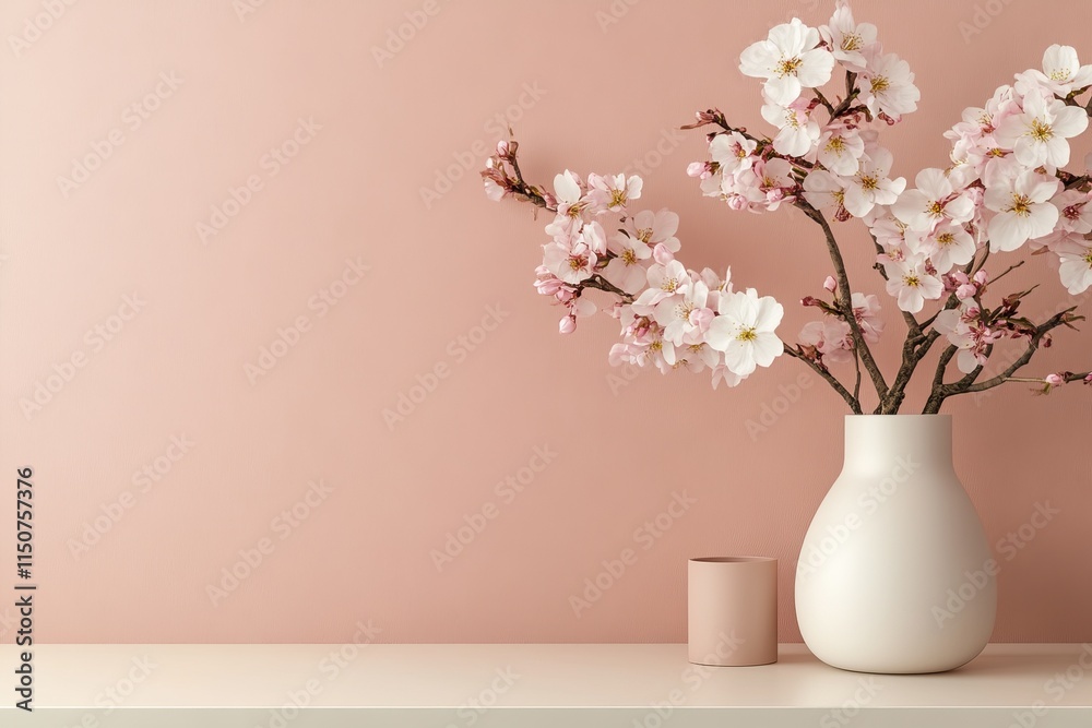 Beautiful cherry blossom branches arranged in a simple vase against a soft pink background