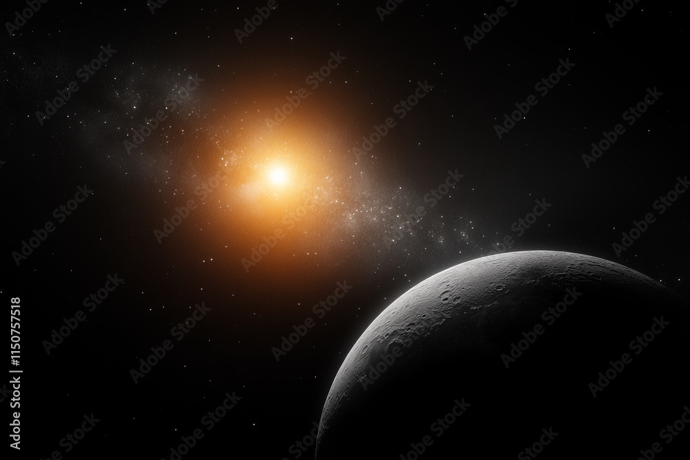 Fototapeta premium Interstellar view of a distant galaxy with a shining star and a dark planetary surface under cosmic embrace