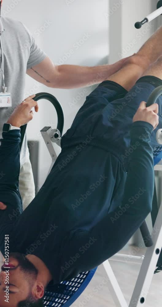 People, inversion table and exercise with physiotherapist for fitness, wellness and strong muscle. Men, training and patient for back pain, support or injury in physiotherapy, recovery and healthcare