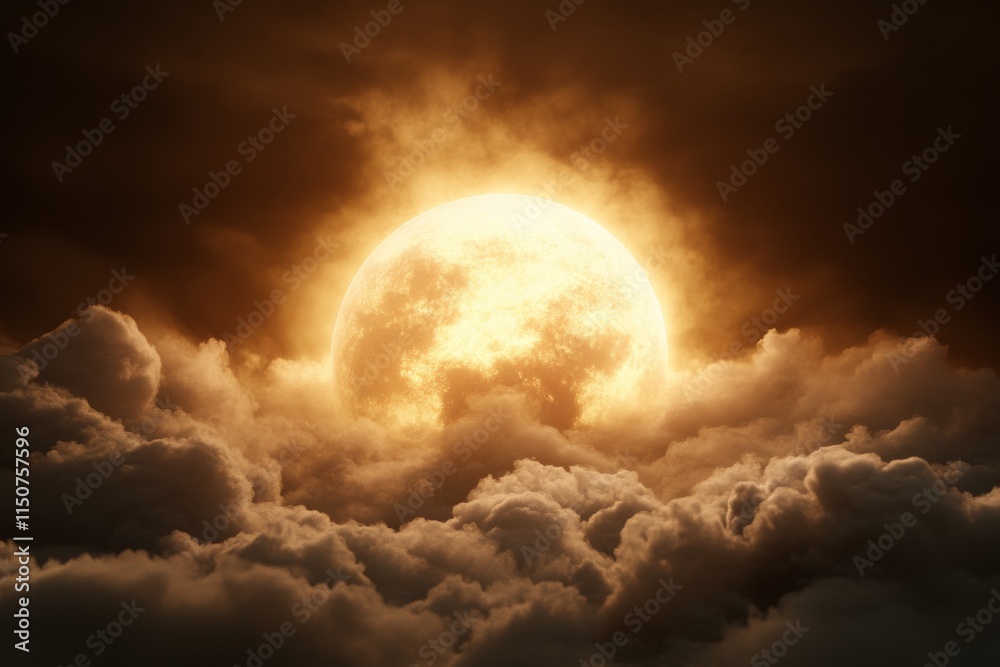 Fototapeta premium Bright sun rising through dark clouds during a vibrant sunrise at dawn