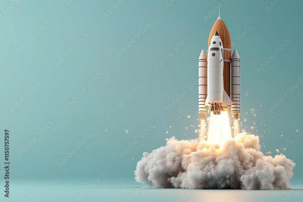Naklejka premium Rocket launches into space with powerful thrust creating a cloud of smoke
