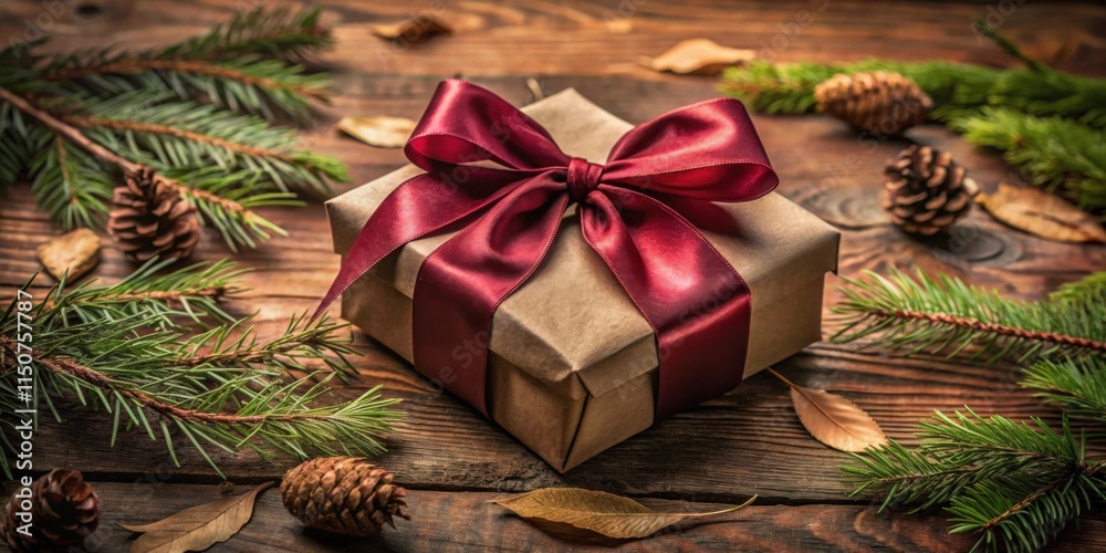 A Festive Gift Box Wrapped in Brown Paper with a Burgundy Ribbon and Surrounded by Pine Branches, Pine Cones, and Autumn Leaves on a Rustic Wooden Table A Festive Gift Box Wrapped in Brown Paper with a Burgundy Ribbon and Surrounded by Pine Branches, Pine Cones, and Autumn Leaves on a Rustic Wooden Table