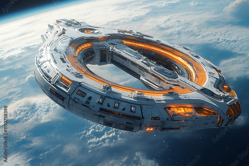 Obraz premium A luxurious space hotel orbiting Earth with a breathtaking view of the planet