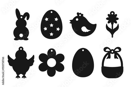 Set of  Easter earrings, pendant or keychain designs. Vector jewelry cutting template. Laser cut with leather, wood or metal. Spring hanging bijouterie stencils