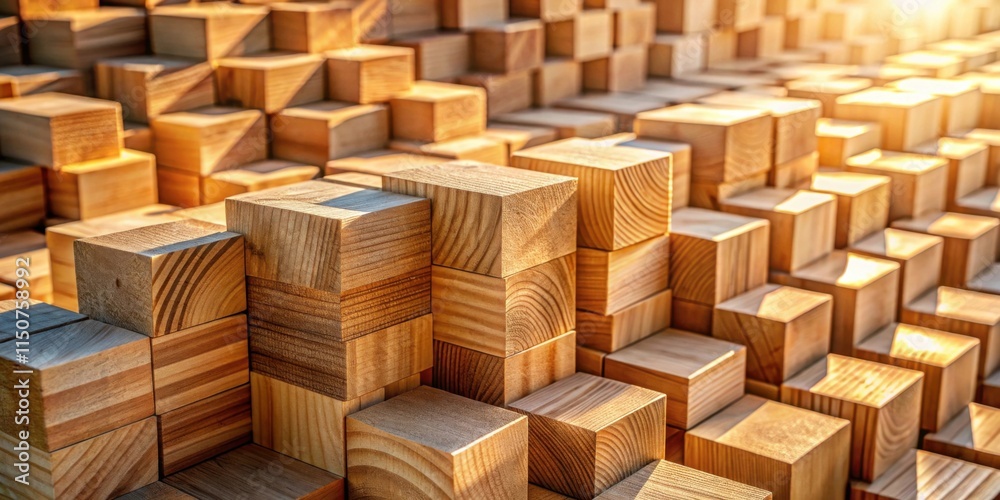A close-up view of a wood block wall, showing the different wood grains and textures of the blocks that create a repeating pattern and geometric design. A close-up view of a wood block wall, showing the different wood grains and textures of the blocks that create a repeating pattern and geometric design.