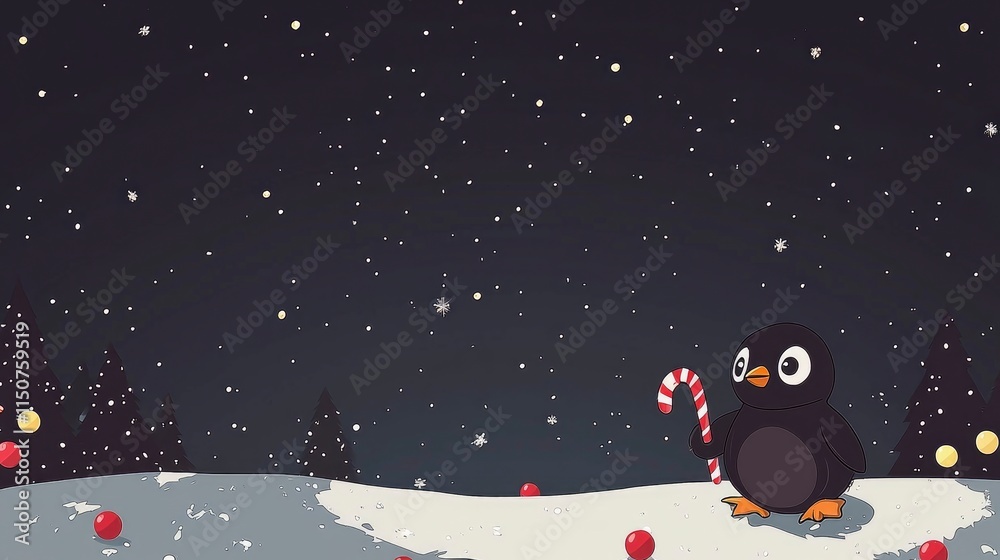 Naklejka premium Adorable Penguin with Candy Cane in Snowy Winter Night Scene