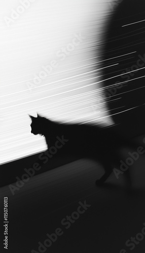 Black-and-white photography of cat  with motion blur, speed lines, shadows