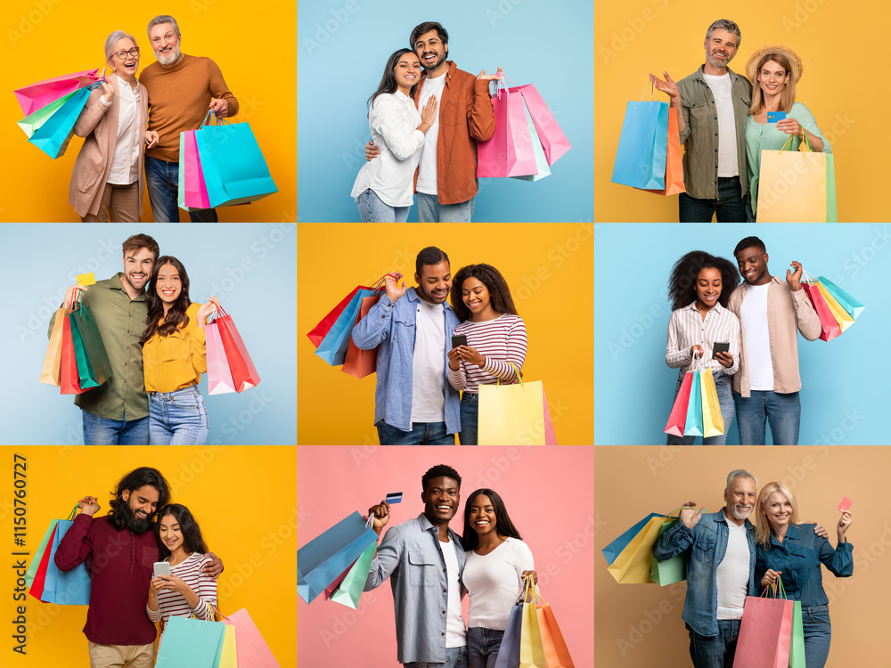Obraz premium Groups of people smile and celebrate while carrying colorful shopping bags during a vibrant sale event. The atmosphere is lively with joy and excitement among shoppers of different ages.
