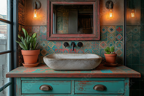 Salle de Bain Récup et Colorée avec Tapisserie Vinyle Inspiration Marocaine, Coiffeuse Vintage Restaurée en Turquoise et Carreaux Colorés Autour du Miroir, Ambiance Éclectique et Artistique photo