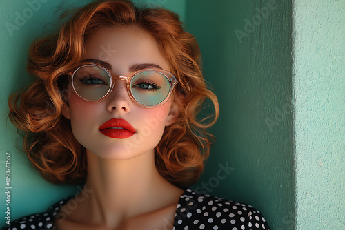 A woman dressed in retro 1950s attire, complete with a polka-dot dress and vintage accessories photo