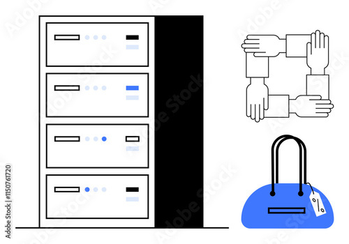 Data storage server next to interconnected hands symbolizing teamwork and a shopping bag with a price tag. Ideal for technology, business collaboration, online shopping, data security, team building