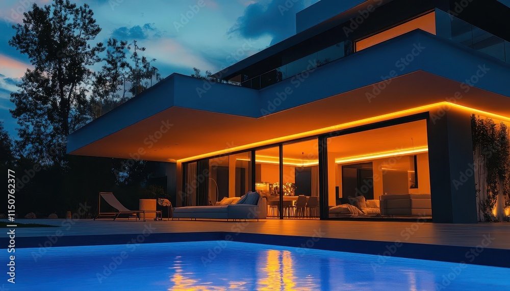 Fototapeta premium Contemporary house with vibrant lighting, sleek design, cozy atmosphere