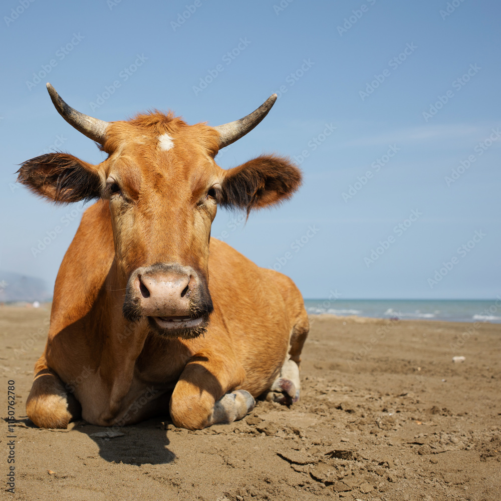 Red cow chewing grass, close-up, sunny day and blue sky Red cow chewing grass, close-up, sunny day and blue sky