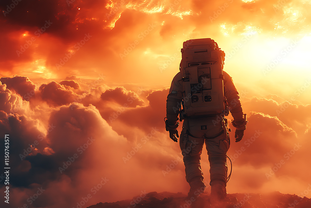 An astronaut using a high-tech device on the surface of Mars under a red sky An astronaut using a high-tech device on the surface of Mars under a red sky