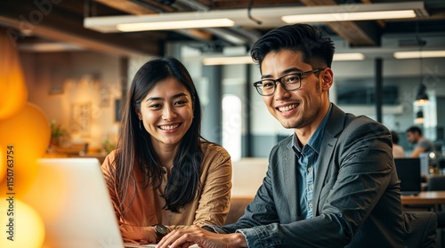 a collaborative workspace. Two smiling, young Asian professionals, a man and a woman, work together in a modern, bright office