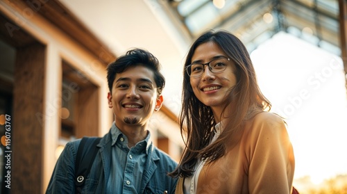 a collaborative workspace. Two smiling, young Asian professionals, a man and a woman, work together in a modern, bright office