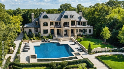 Luxurious French-style mansion with pool and landscaped gardens.