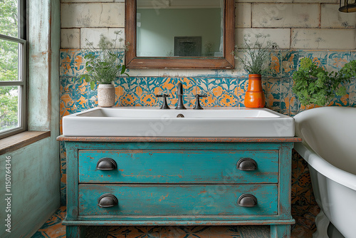 Salle de Bain Récup et Colorée avec Tapisserie Vinyle Inspiration Marocaine, Coiffeuse Vintage Restaurée en Turquoise et Carreaux Colorés Autour du Miroir, Ambiance Éclectique et Artistique photo