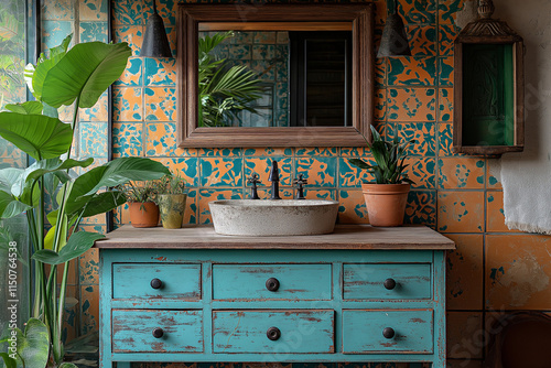 Salle de Bain Récup et Colorée avec Tapisserie Vinyle Inspiration Marocaine, Coiffeuse Vintage Restaurée en Turquoise et Carreaux Colorés Autour du Miroir, Ambiance Éclectique et Artistique photo