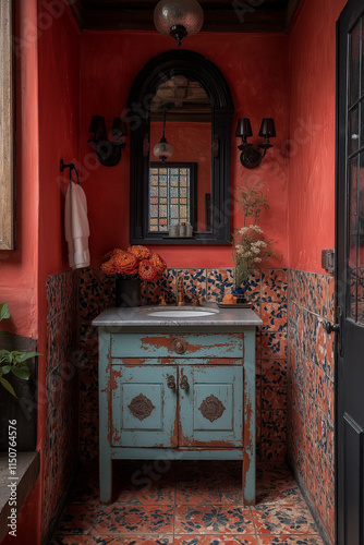 Salle de Bain Récup et Colorée avec Tapisserie Vinyle Inspiration Marocaine, Coiffeuse Vintage Restaurée en Turquoise et Carreaux Colorés Autour du Miroir, Ambiance Éclectique et Artistique photo