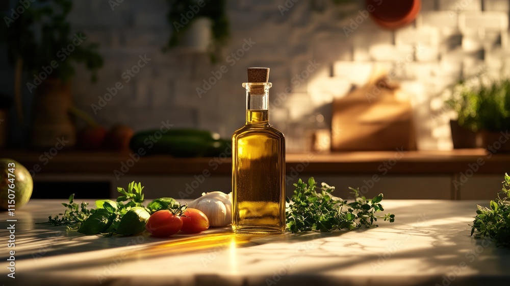 Olive oil bottle on countertop with herbs and vegetables. Olive oil bottle on countertop with herbs and vegetables.