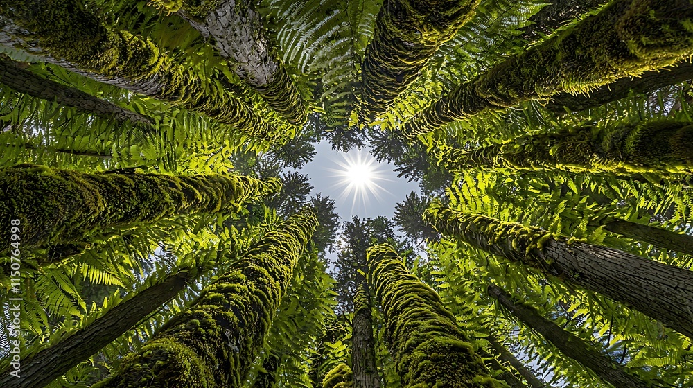 Fototapeta premium Sun shining through moss-covered trees in a lush forest.