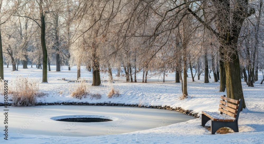 Snow-covered park with frozen pond and bench