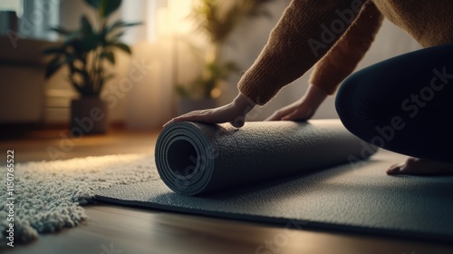 Woman Rolling Up a Yoga Mat in a Cozy Home Setting