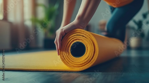 Close-up of a Woman Rolling Up a Yellow Yoga Mat