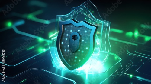 3D futuristic illustration of health and data security: digital lock, glowing medical symbols, blue-green gradient, and binary code. Ideal for healthcare, privacy, and tech themes.