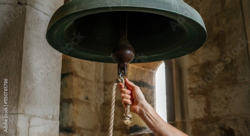 Hand ringing large ancient bell in old stone building