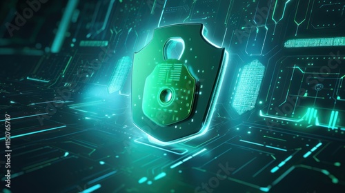 3D futuristic illustration of health and data security: digital lock, glowing medical symbols, blue-green gradient, and binary code. Ideal for healthcare, privacy, and tech themes.